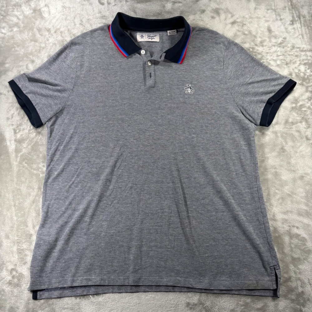 Original Penguin Men XL Gray Pique Polo Shirt Striped Collar OP4808 Short Sleeve